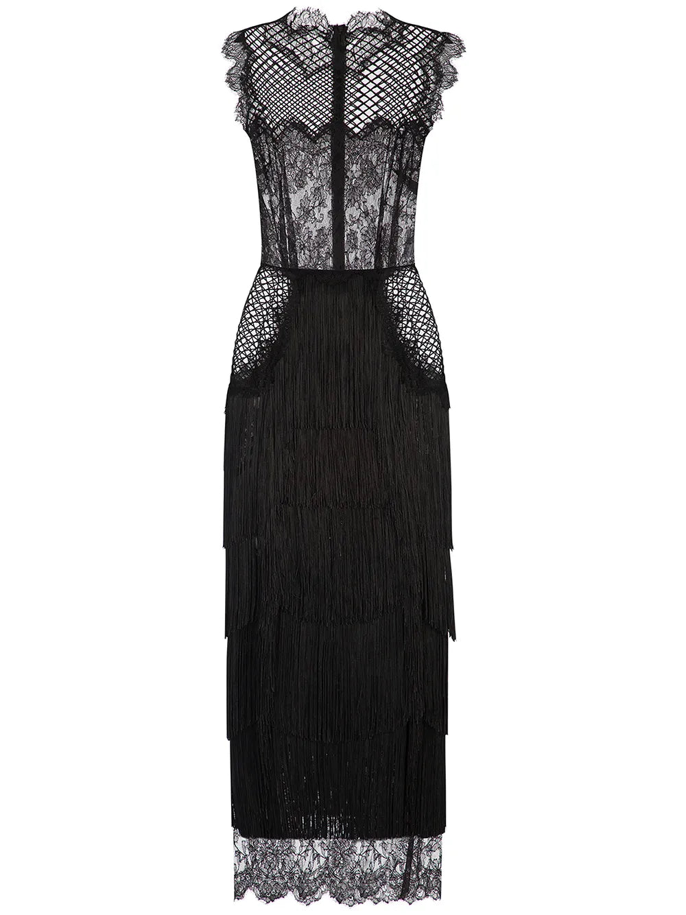 Dolce Gabbana Fringe Detail Lace Sheath Dress — Black — Size XS — Front View