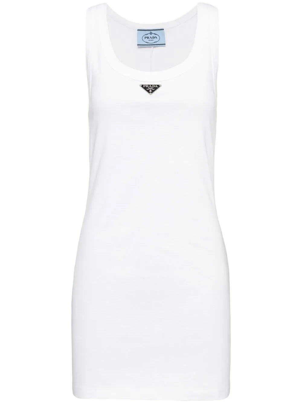Prada Logo Plaque Ribbed Knit Minidress — White/ Tan/ Red — Size XS — Front View