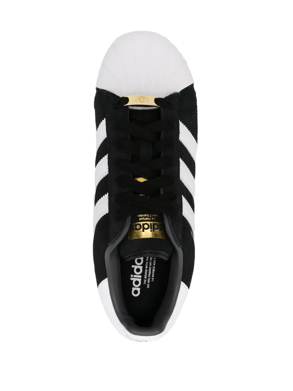 adidas Superstar Xlg Suede Leather Sneakers — Black/White/Gold-Tone — Size US M 9.5 - US W 11 — Top View