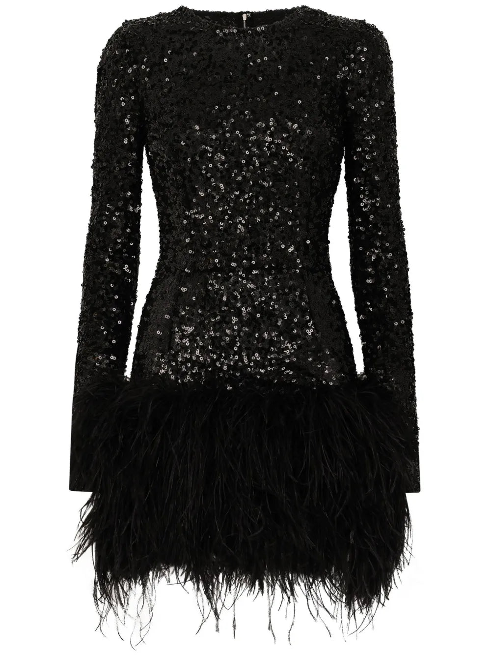 Dolce Gabbana Feather Trim Sequinned Minidress — Black/ Tan — Size S — Front View