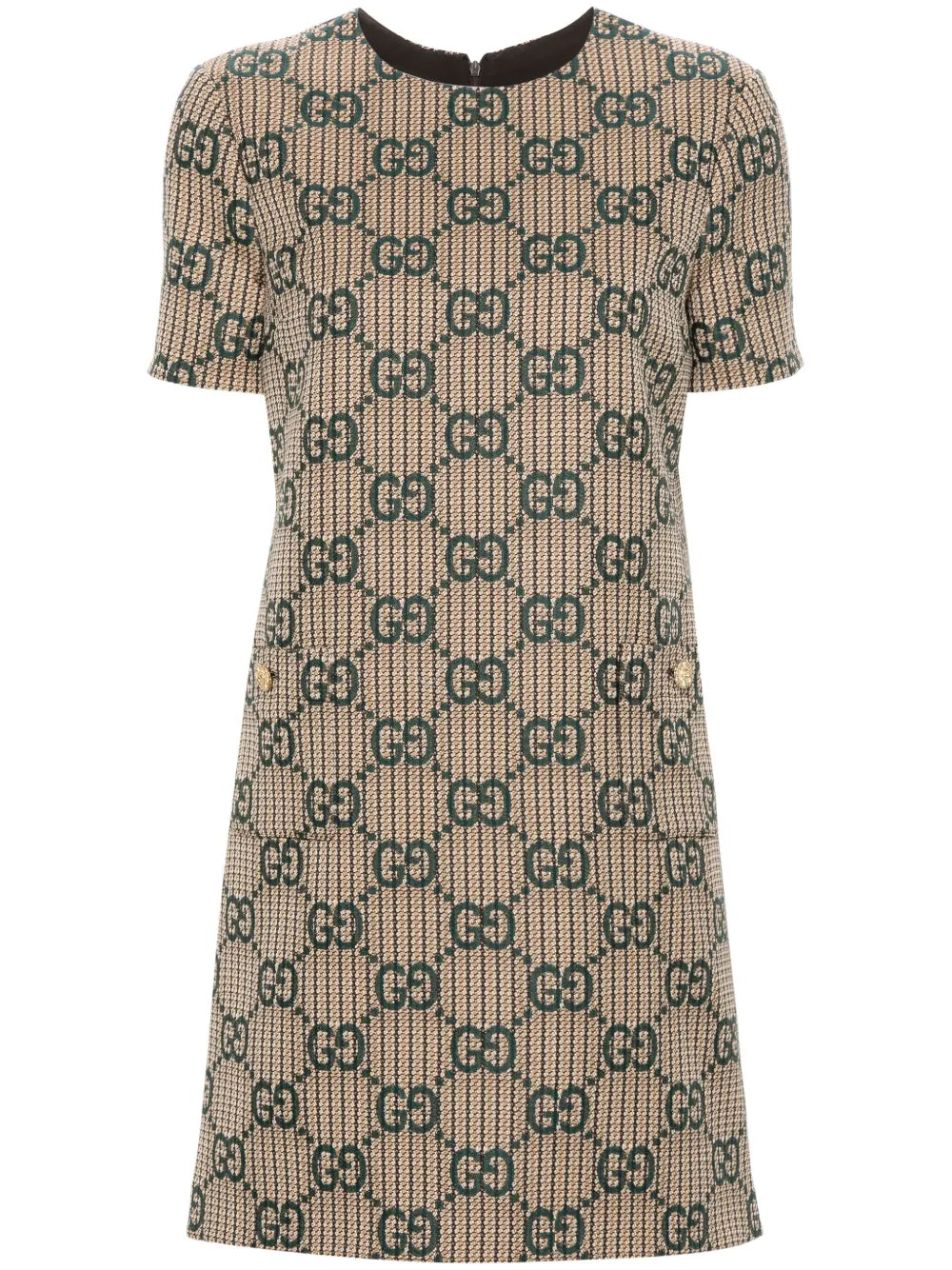 Gucci Gg Jacquard Wool Dress — Brown/ Green/ Gold — Size XS — Front View
