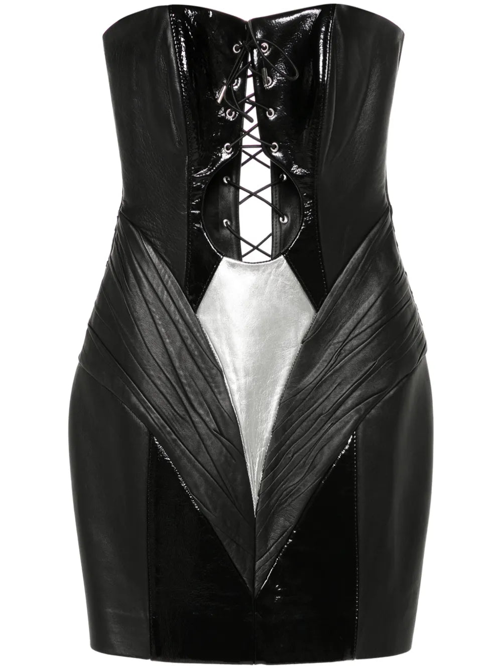 Mitiliane Couture Leather Lace Up Mini Dress — Black — Size XS — Front View