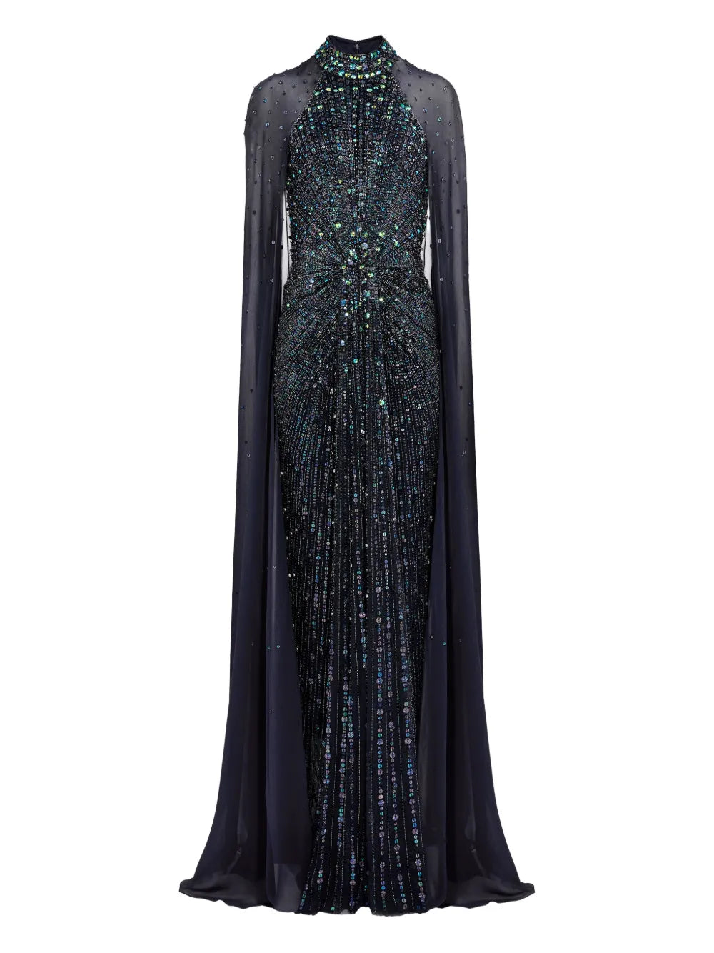 Jenny Packham Thea Embellished Cape Maxi Dress — Black — Size XS — Front View