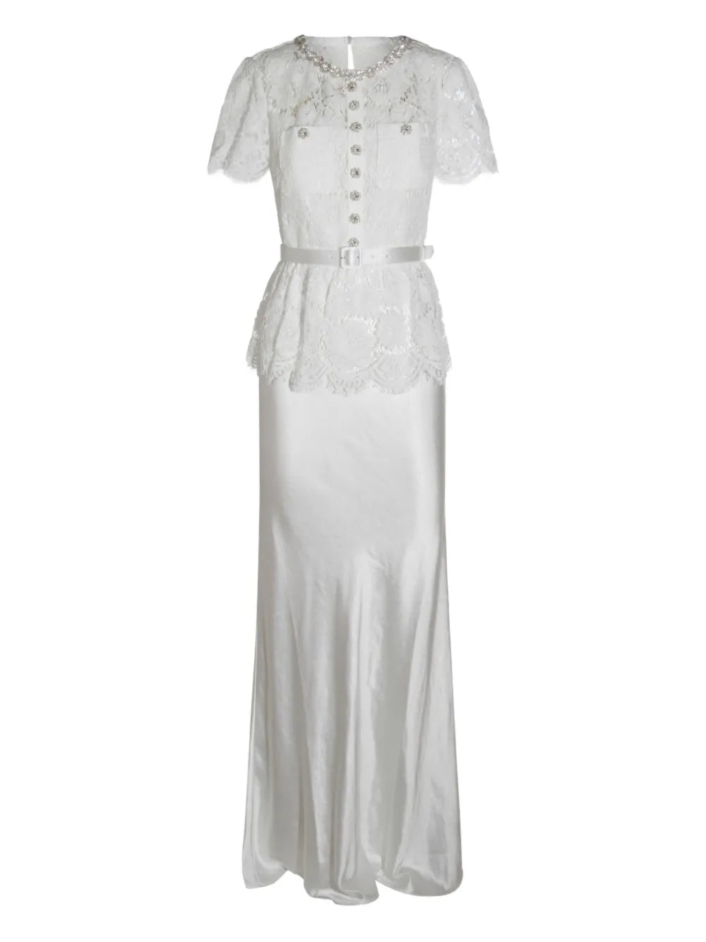 Self Portrait Embellished Peplum Lace Maxi Dress — White — Size XS — Front View