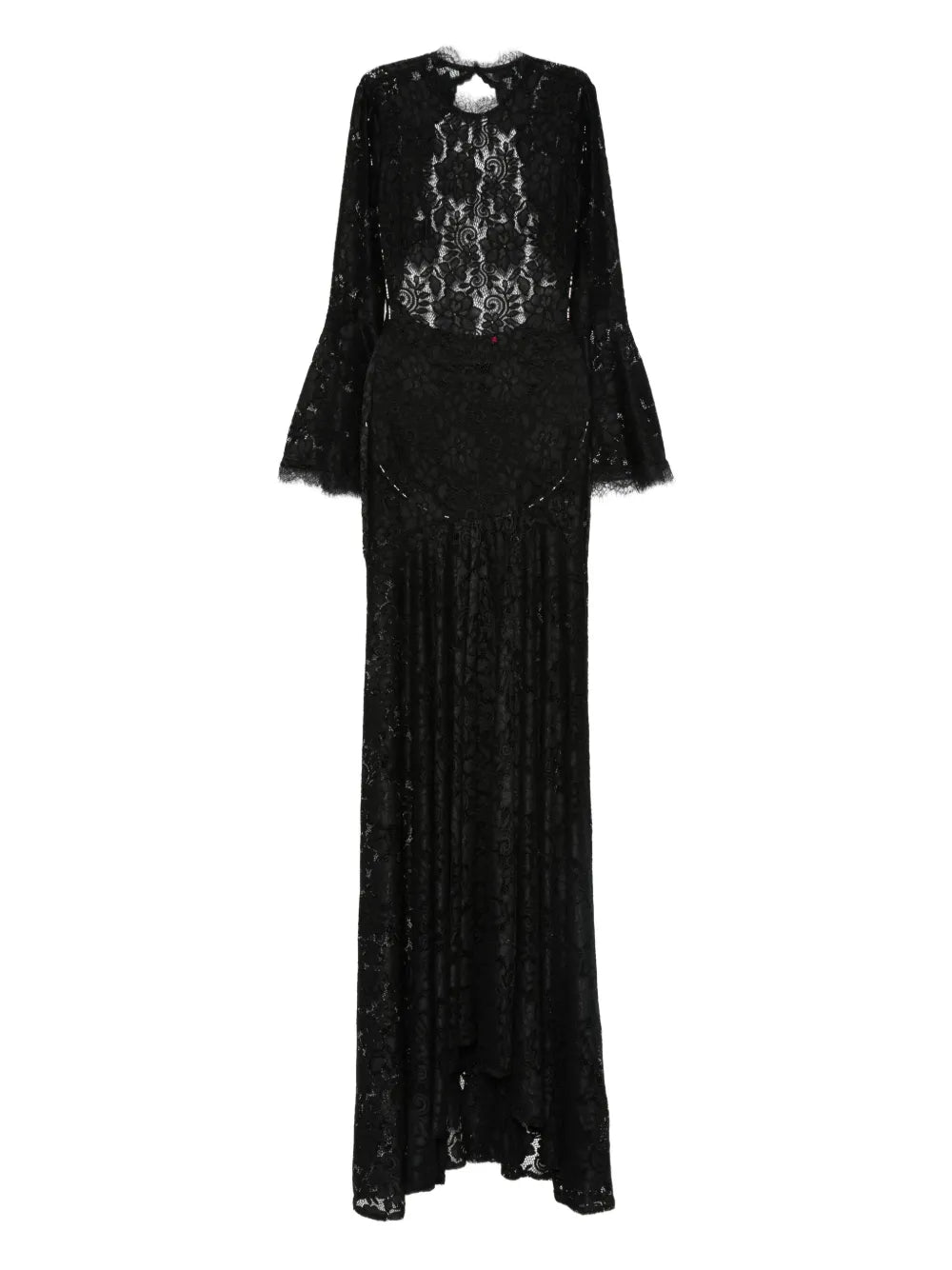 Miau By Clara Rotescu Lace Panelled Bell Sleeve Dress — Black — Size S — Front View
