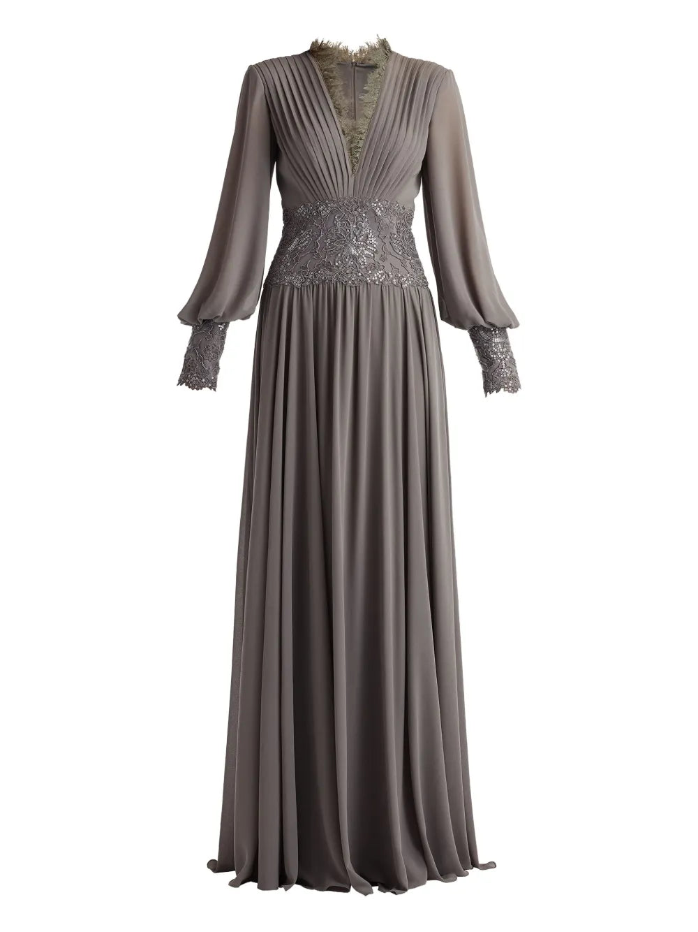 Tadashi Shoji Pleated V Neck Maxi Dress — Grey — Size XS — Front View