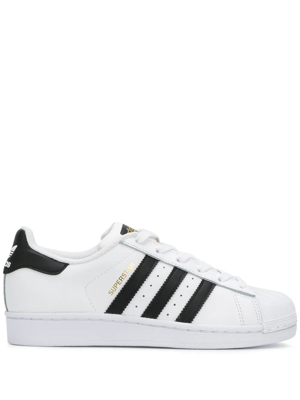 adidas Superstar White/Black/Gold Sneakers — Black/White — Size US M 9.5 - US W 11 — Front View