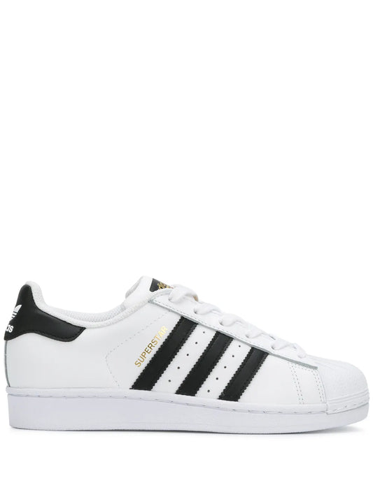 adidas Superstar White/Black/Gold Sneakers — Black/White — Size US M 9.5 - US W 11 — Front View