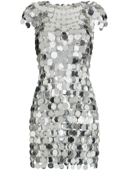 Rabanne Sequin Chain Disc Mini Dress — Red/ Silver — Size XS — Front View