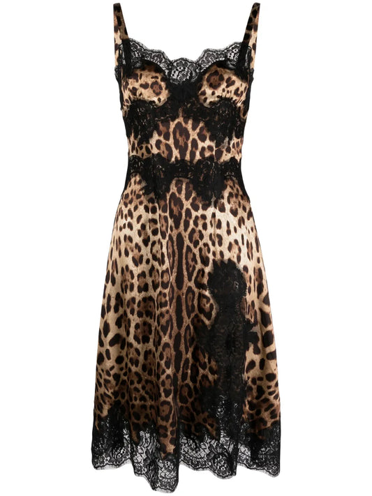 Dolce Gabbana Leopard Print Satin Slip Dress — Black/ Brown/ Red — Size XS — Front View