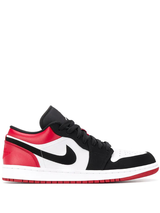 Air Jordan 1 Low Black Toe Sneakers — White/Red/Black Leather — Size US M 11.5 - US W 13 — Front View