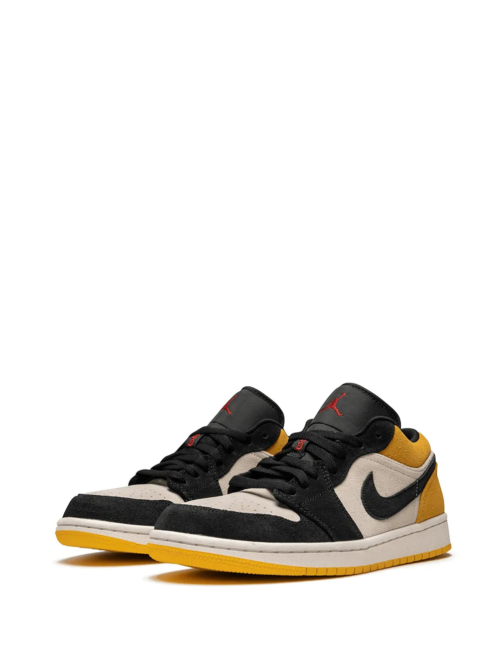 Air Jordan 1 Low University Gold Sneakers — Gym Red/University Gold-Tone/Black — Size US M 9.5 - US W 11 — Side View