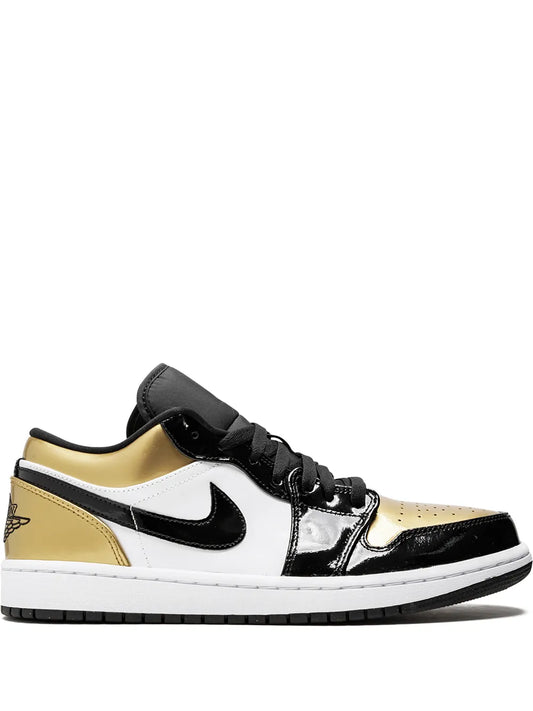 Air Jordan 1 Low Gold Toe Sneakers — Black/White/Gold-Tone — Size US M 9.5 - US W 11 — Front View