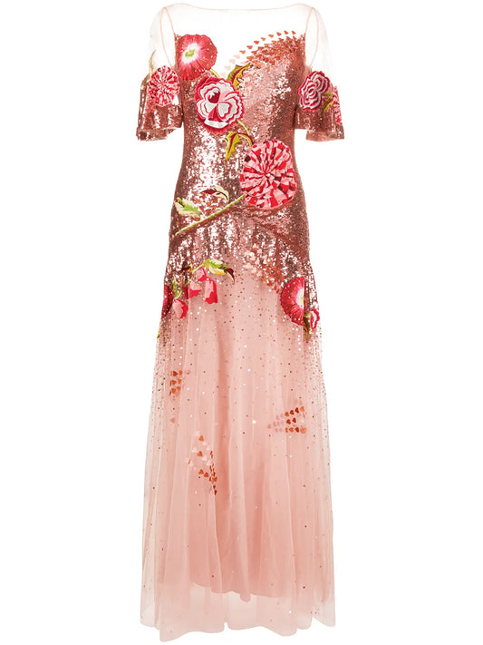 Temperley London Floral Embroidered Sequin Tulle Gown — Red/ Pink — Size XS — Front View