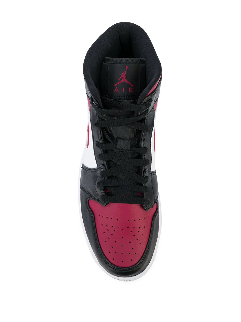 Air Jordan 1 Mid Bred Toe Sneakers — Black/Gym Red — Size US M 11.5 - US W 13 — Top View