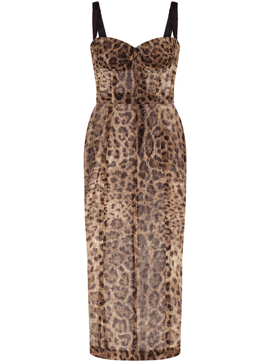 Dolce Gabbana Leopard Print Bustier Midi Dress — Brown — Size XS — Front View