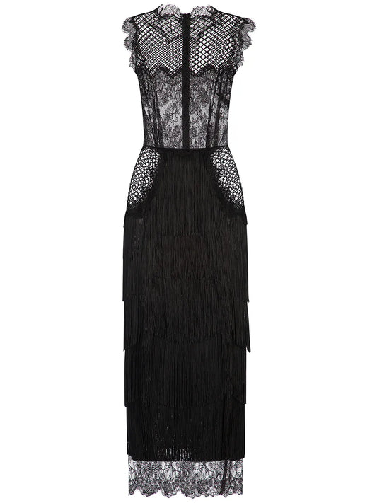 Dolce Gabbana Fringe Detail Lace Sheath Dress — Black — Size XS — Front View
