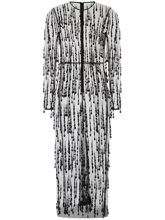 Dolce Gabbana Bead Embellished Fringed Sheath Dress — Black — Size S — Front View