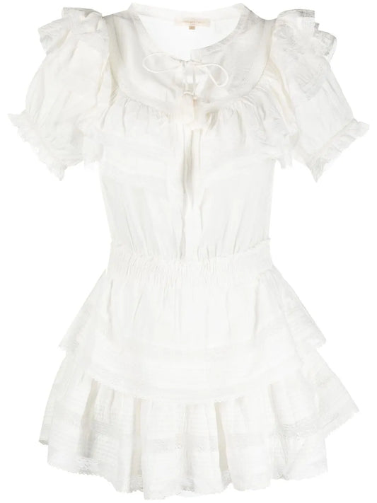 Loveshackfancy Liv Ruffled Trim Dress — White — Size XS — Front View