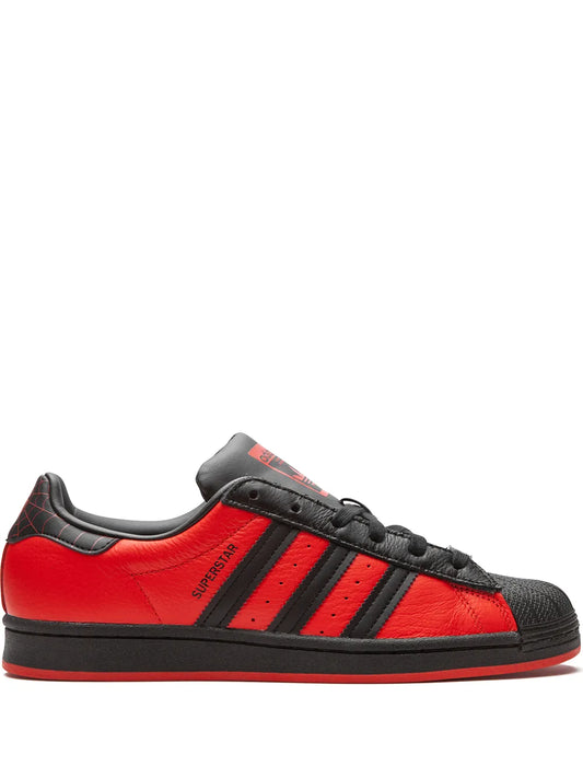 adidas X Miles Morales Superstar J Spider-Man Sneakers — Red/Black — Size US M 6 - US W 7.5 — Front View