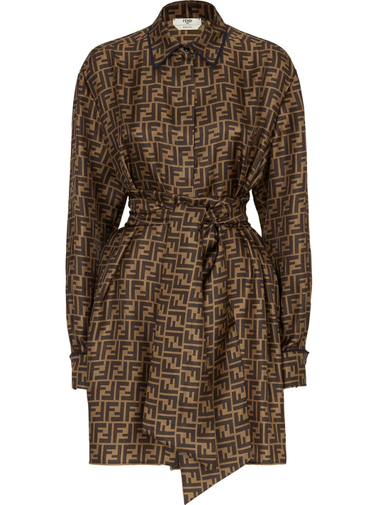 Fendi Ff Print Shirtdress — Brown — Size XS — Front View