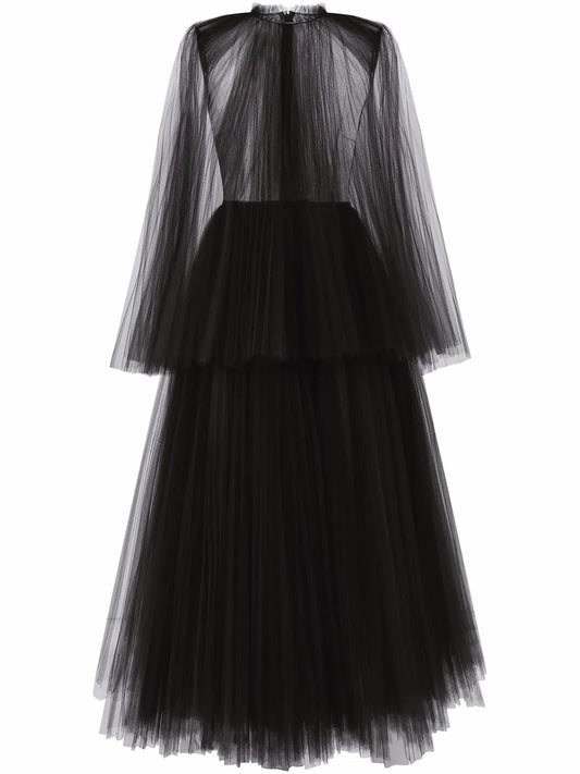 Dolce Gabbana Cape Detail Tulle Midi Dress — Black/ Red — Size XS — Front View