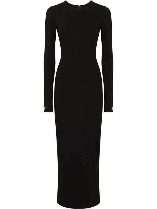 Dolce Gabbana Logo Applique Long Sleeve Midi Dress — Black/ Gold — Size S — Front View