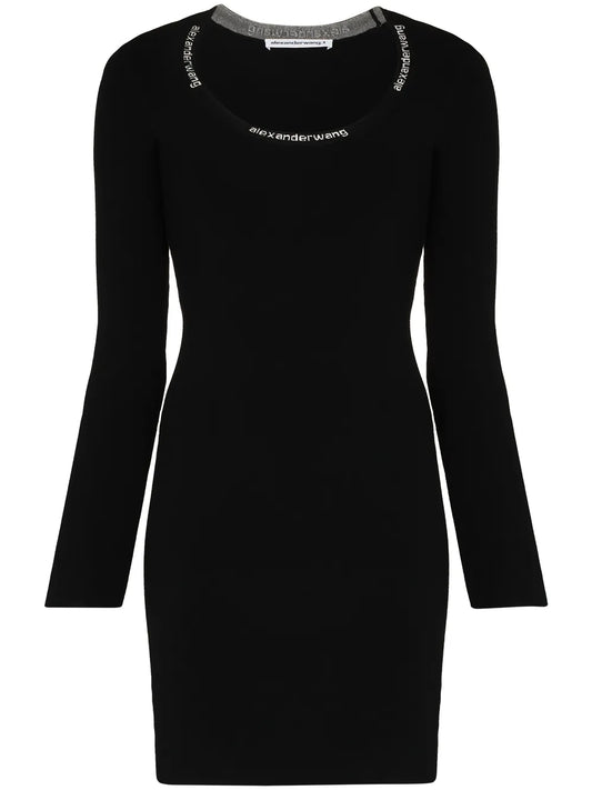 Alexander Wang Logo Trim Bodycon Mini Dress — Black — Size S — Front View