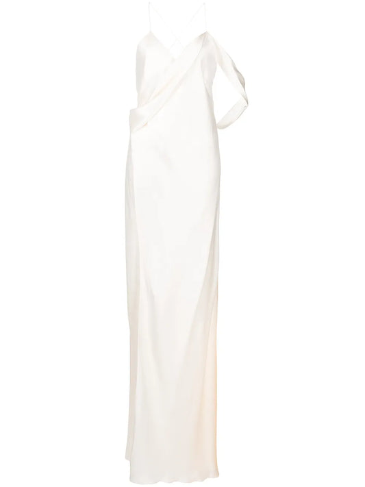 Michelle Mason Silk Wrap Floor Length Gown — Ivory — Size XS — Front View