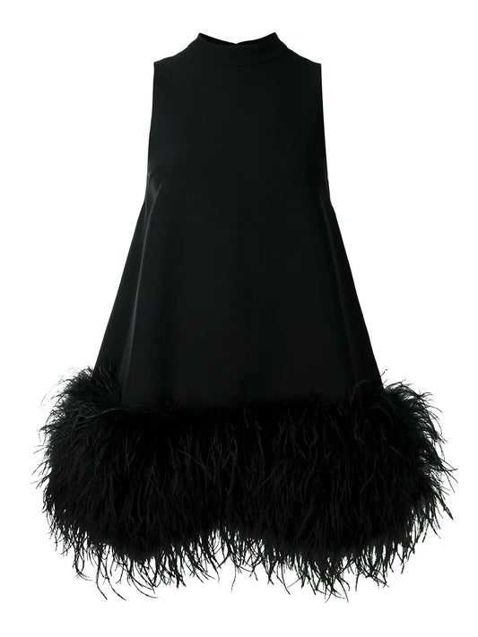 Rachel Gilbert Linc Feather Trim Mini Dress — Black — Size M — Front View