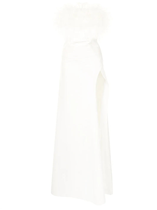 Rachel Gilbert Linc Feather Trim Detail Gown — White/ Ivory — Size XS — Front View