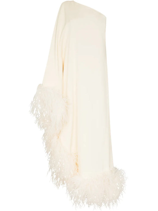Taller Marmo Ubud Feather Trim Gown — Ivory — Size XS — Front View
