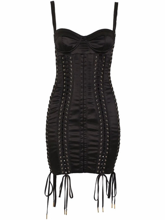 Dolce Gabbana Lace Up Satin Minidress — Black — Size XS — Front View