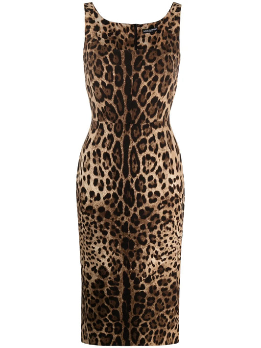 Dolce Gabbana Leopard Print Square Neck Fitted Dress — Tan — Size XS — Front View