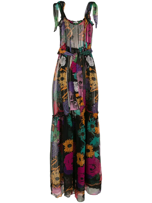Amir Slama Semi Sheer Silk Maxi Dress — Black/ Red — Size XS — Front View
