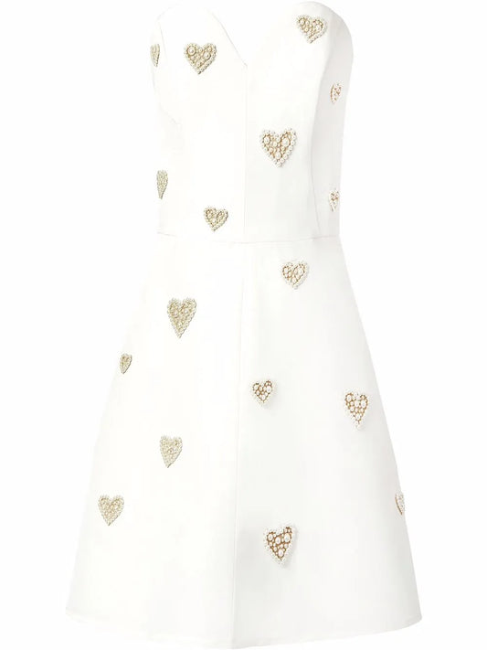 Carolina Herrera Pearl Embellished Strapless Silk Dress — White/ Red — Size S — Front View