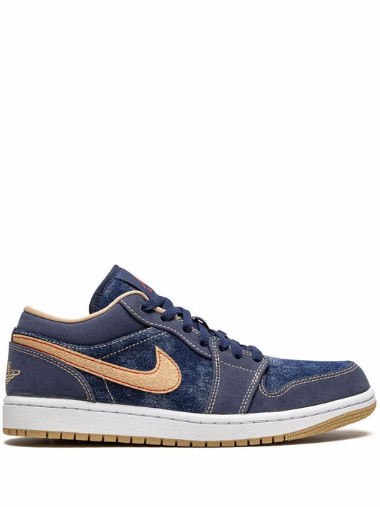 Air Jordan 1 Low Se Denim Sneakers — Midnight Navy Blue — Size US M 9.5 - US W 11 — Front View