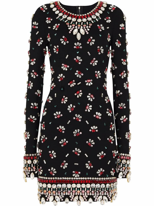 Dolce Gabbana Embellished Long Sleeve Minidress — Black — Size XS — Front View