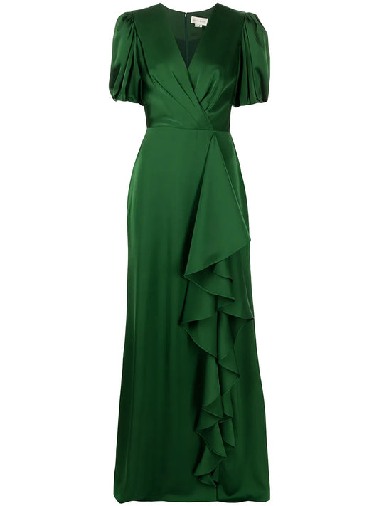 Sachin Babi Mila Ruffle Drape Gown — Green — Size XS — Front View