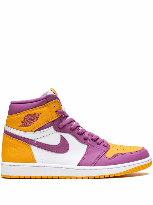 Air Jordan 1 High Og Brotherhood Sneakers — Purple/Yellow/White — Size US M 6.5 - US W 8 — Front View