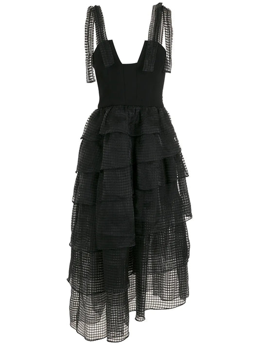 Olympiah Mesh Tiered Bodice Midi Dress — Black/ Red — Size XS — Front View