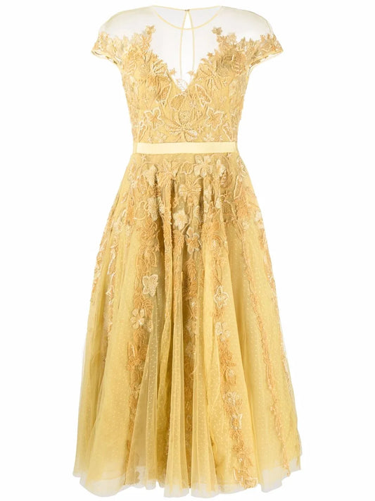 Zuhair Murad Embroidered Midi Dress — Red/ Yellow/ Gold — Size XS — Front View