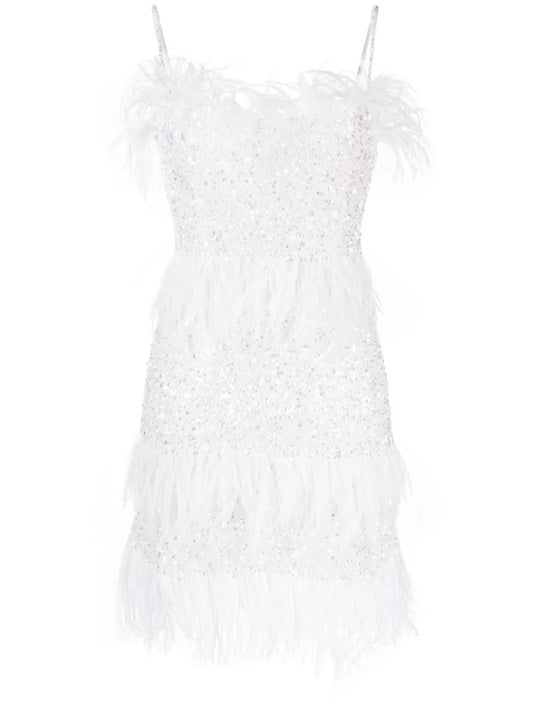 Rachel Gilbert Frenchy Sequin Embellished Feather Minidress — White — Size XS — Front View