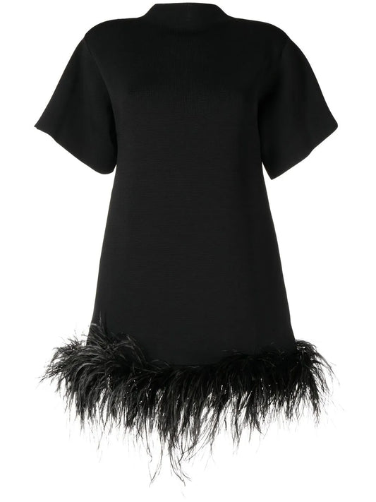 Rachel Gilbert Rita Feather Trim Mini Dress — Black — Size XS — Front View