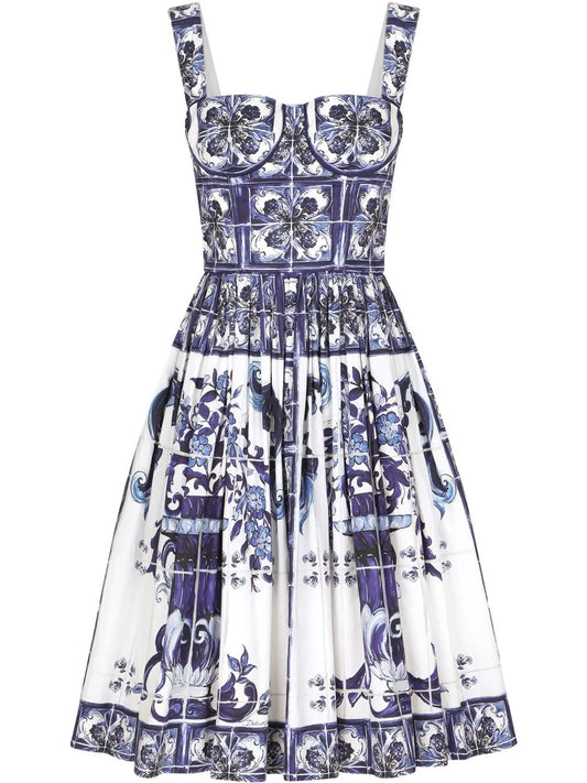 Dolce Gabbana Majolica Print Corset Midi Dress — White/ Blue — Size M — Front View