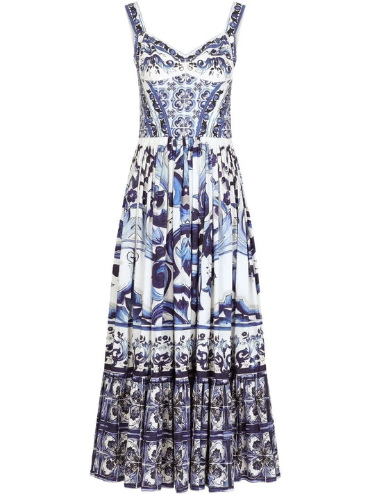 Dolce Gabbana Majolica Print Bustier Maxi Dress — White/ Blue — Size M — Front View
