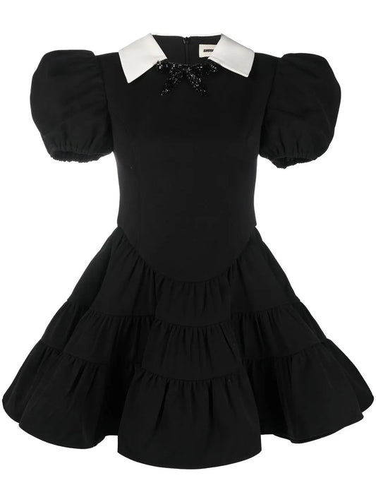 Shushutong Puff Sleeve Tiered Minidress — Black/ Red — Size XS — Front View