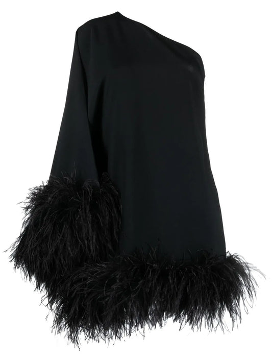 Taller Marmo Piccolo Ubud Feather Trim One Shoulder Dress — Black/ Red — Size S — Front View