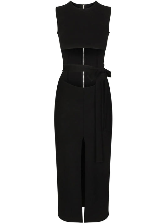 Dolce Gabbana Belted Midi Dress — Black/ Silver — Size XS — Front View