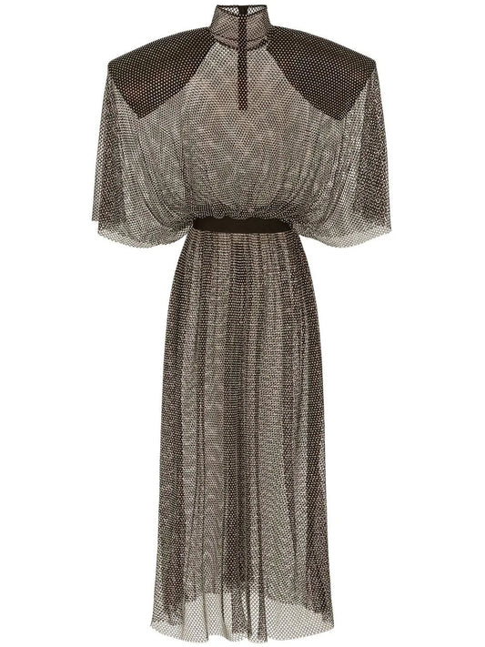 Dolce Gabbana Rhinestone Embellished Mesh Maxi Dress — Grey — Size XS — Front View